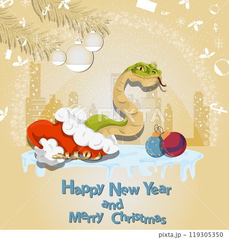 Illustration of the New Year and Christmas A snake crawls out of Santas hat in a circle of snowflakes and a city in the background 119305350