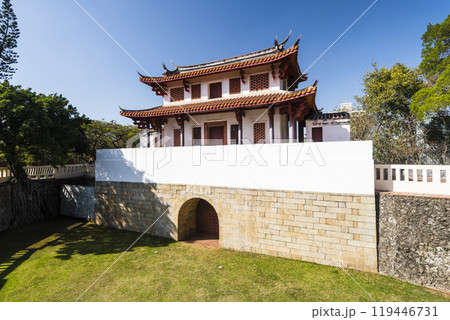 Old city wall building view of the Great South Gate in Tainan, Taiwan. it's one of Taiwan's most well-preserved city gates. 119446731