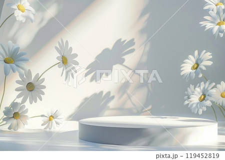 A white podium with daisies and soft shadows behind it. AI-generated content. 119452819