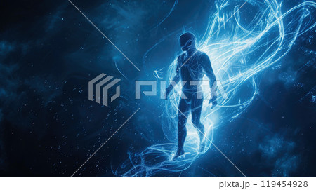 Person walks through dark hyperspace with lightning, man in futuristic swirl of blue light like in sci-fi movie. Theme of space, time, people, hyperspace, future, fantasy. 119454928