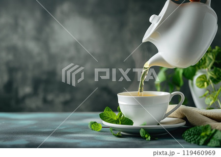 Pouring fresh mint tea from teapot into cup on dark background 119460969