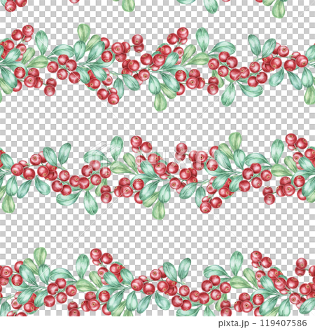 Depicting vibrant red cranberries and green leaves in rows, this watercolor seamless pattern is perfect for packaging, textiles, and seasonal product designs like stationery and gift wrap 119407586