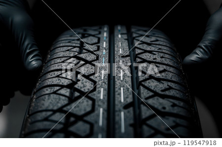 Close-up New Car Tire Tread Pattern Water Droplets, Black Rubber Wheel Surface, Detailed Texture Design, Safety Performance, Wet Road Grip Enhancement 119547918