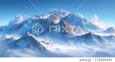 Aerial view of a mountain range covered in snow, with clouds. 119560495