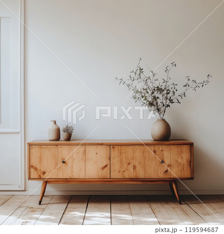 Modern wooden sideboard with decorative plants and vase against a minimalist wall 119594687