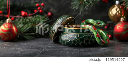 Holiday decor: ornate green ceramic snake with red eyes and golden scales 119514907