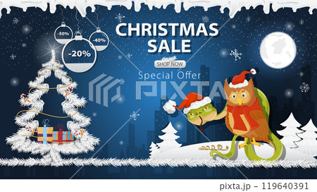 Banner special offer Christmas sale Snake and Owl in Santa Claus hats with a festive fir tree in the snow 119640391