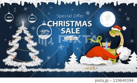 Banner special offer Christmas sale Snake behind Santas big hat next to a festive fir tree in the snow 119640394