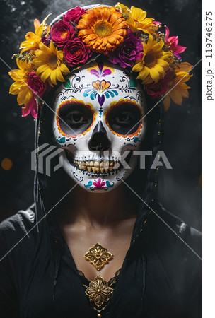 Woman in a scary costume on the day of the dead or dia de los muertos, which is celebrated in mexico in november 119746275