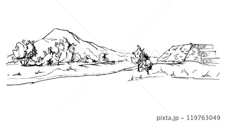 Mesoamerica Aztec ancient pyramid ruins on plain grassy field with trees, mountains hills backdrop, isolated scenic landscape. Hand drawn ink vector illustration. Design travel, vacation, brochure 119763049