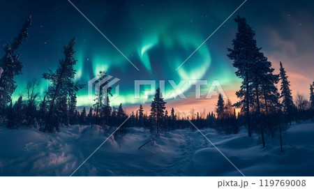 Aurora Borealis (Northern Lights) Shining Through Tall Forest Trees at Night_8 119769008