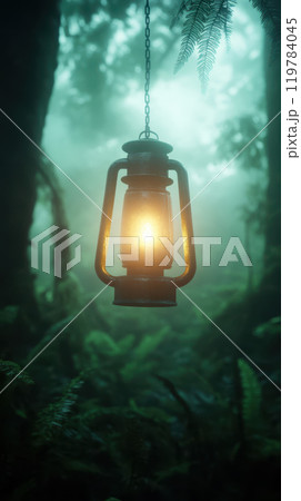 vintage lantern hangs in misty forest, casting warm glow amidst lush greenery. serene atmosphere evokes sense of tranquility and adventure 119784045