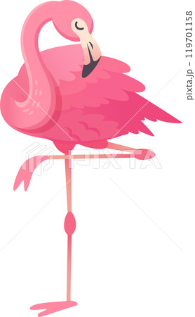 Cartoon flamingo balancing gracefully on one leg, showcasing its vibrant pink plumage and elegant posture 119701158