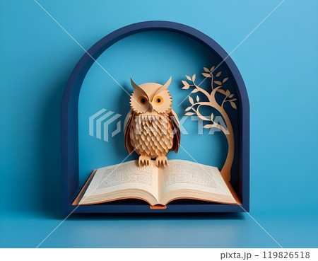 Wisdom and education concept image with a wise owl reading a book on blue background with copy space 119826518