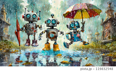 雨の中のロボット,梅雨,雨季,Generative AI,AI画像 119832548