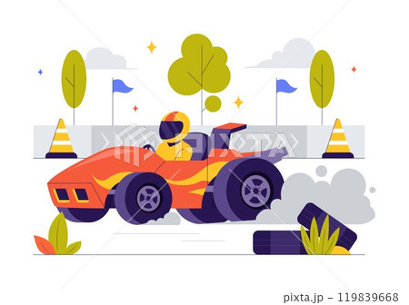 Vector Illustration of Formula Racing Sports Car Reaching the Finish Line on Race Circuit Competing to Win the Championship in a Flat Background 119839668