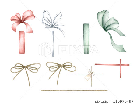 Bows, ribbons and ropes for gift wrapping in red, green, brown, white colors. Hand drawn watercolor illustration set of isolated elements for beauty designs, greeting cards and festive gift packaging. 119979497