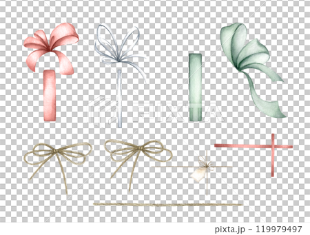 Bows, ribbons and ropes for gift wrapping in red, green, brown, white colors. Hand drawn watercolor illustration set of isolated elements for beauty designs, greeting cards and festive gift packaging. 119979497