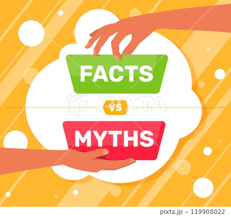 Myths vs facts title. Fiction and truth juxtaposition. Hands holding confrontation images. Legend versus reality. Proof or fiction. Trustworthy or false news comparison. Vector concept 119908022