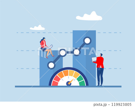 Benchmark performance or KPI key performance indicator growth or KPI measurement result, businessman magnify benchmark metric graph scale. 119923805