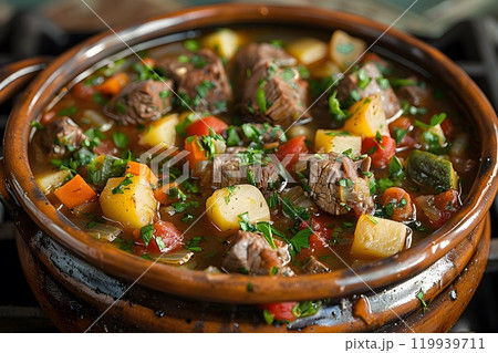 Rustic Beef Stew with Vegetables in a Clay Pot Comfort Food Photography for Culinary Inspiration Generative AI 119939711