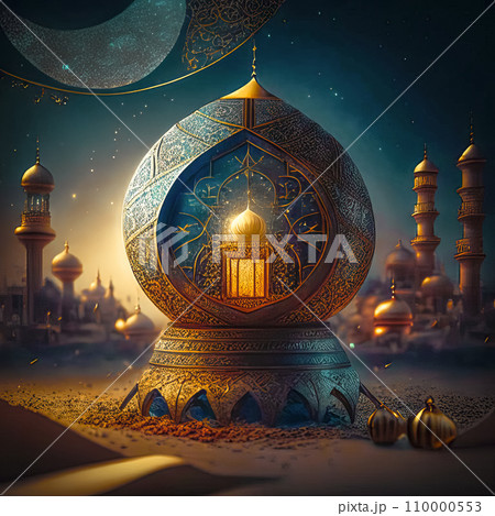 Islamic lantern, crescent over mosque for Ramadan Kareem and Eid Mubarak. 110000553