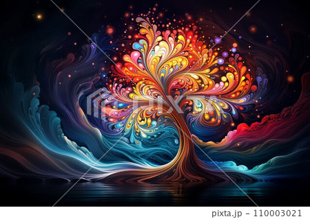 Artistic interpretation of a Christmas tree in an abstract fantasy style, featuring vibrant swirls of color and glowing patterns, creating a mesmerizing and whimsical holiday backdrop 110003021