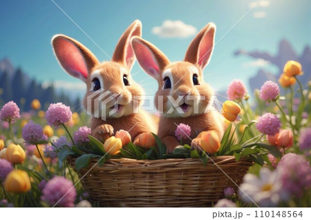 Illustration of happy, smiling little Easter bunnies in a wicker basket amidst a wildflower field. Ideal for a joyful and spring-themed Easter campaign 110148564