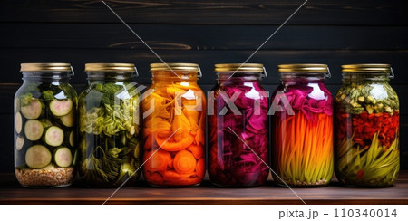 AI-generated content. Home canning for the winter. Glass jars with vegetables and spices. Healthy food. Generative AI 110340014