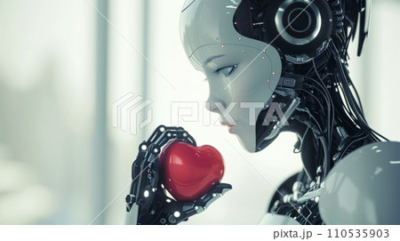 Close up pf futuristic female robot tenderly holding a shiny red heart, emotional AI themes 110535903