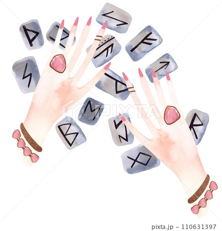 Rune divination. A feminine graceful hand with rings and bracelets lays out stones to predict the future. Isolated watercolor hand drawn illustration with golden leaf on white background 110631397