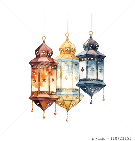 Ramadan lanterns watercolor illustration on white background 110723153