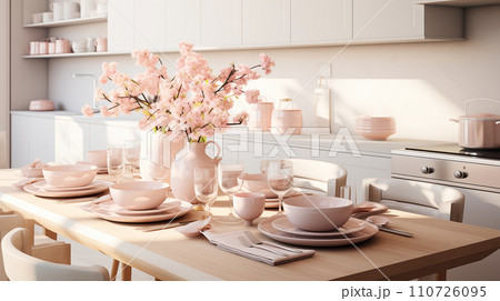 AI-generated content. Modern kitchen with set of dishes pastel pink and cherry blossoms. Festive spring table setting in bright cozy kitchen 110726095