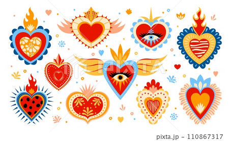 Mexican sacred hearts, vibrant and whimsical cartoon vector set featuring lively colors and intricate details. Each heart radiates cultural charm, blending tradition with a playful and joyful spirit 110867317