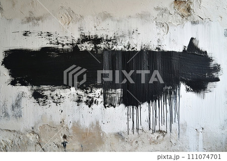 A bold, black rectangular brush stroke on a concrete wall, symbolizing simplicity and contrast. Copy space. Perfect for adding custom text or message. Generative AI. 111074701