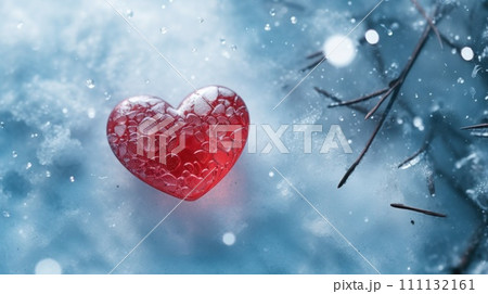 Red glass heart in the snow. Closeup. Valentine's day holiday concept. 111132161