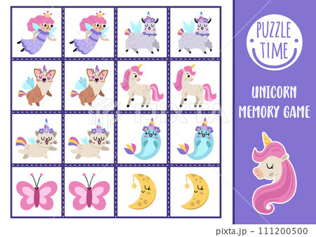 Vector unicorn memory game cards with cute animals with horns and fairy. Magic, fantasy world matching activity. Remember and find correct card. Fairytale printable worksheet for kids 111200500