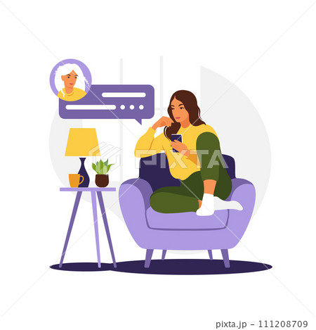 Woman sitting on sofa with phone. Working in phone. Freelance, online education or social media concept. Flat style. Vector illustration isolated on white. 111208709