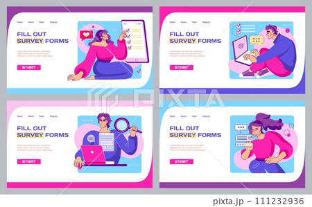 Fill out survey forms landing page. Internet voting. Online questionnaire. Website design templates. People putting checkmarks. Web test exam ticks. Education quiz questions. Vector backgrounds set 111232936