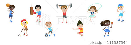 Happy Children Enjoy Sport Physical Activity and Training Vector Set 111387344