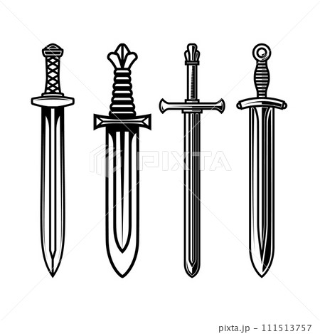 Set of illustrations of medieval swords. Design element for poster, card, banner,emblem, sign. Vector illustration 111513757