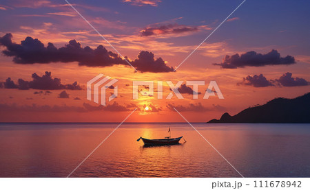 Serene sunset with a boat 111678942