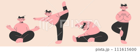 Woman yoga poses set.Meditation practice. Concept of zen and harmony. Fitness, sport, training and yoga lifestyle concept. Hand drawn cartoon style character.Vector illustration EPS 10 111615600