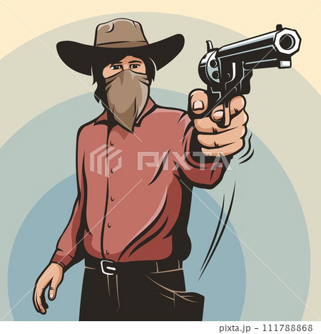 Cowboy in a Stetson Hat Pointing a Revolver in a Duel Standoff at High Noon 111788868