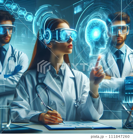 Side view of young female scientist in white lab coat and stethoscope working with futuristic hologram. Double exposure. Generative Ai 111847260