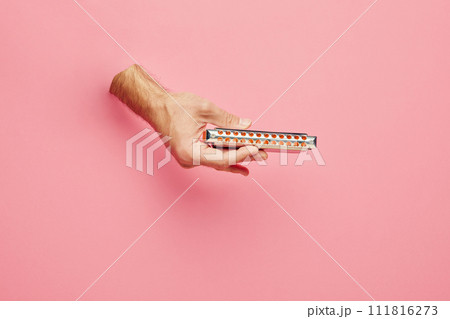 Male hands sticking out pink background and playing harmonica. Blues music festival promotion with a focus on harmonica artists. 111816273