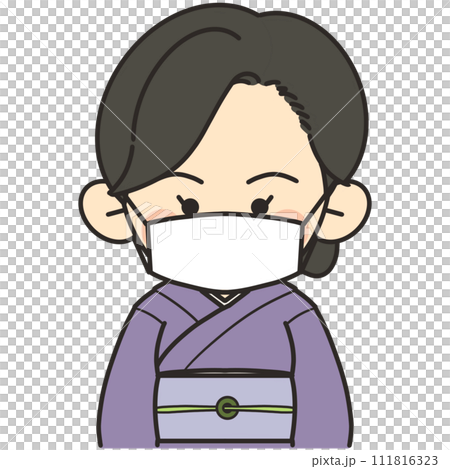 Illustration of a woman in Japanese clothes wearing a mask and facing forward 111816323