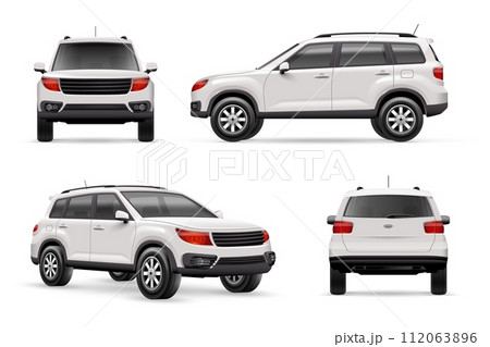 Realistic suv car. 3d white cars mockup front side view, motor vehicle luxury carrer modern power automobile with auto transmission, render blueprint nowaday vector illustration 112063896