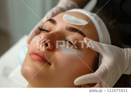 false eyelash extensions to woman customer bokeh style background with generative ai 112075831