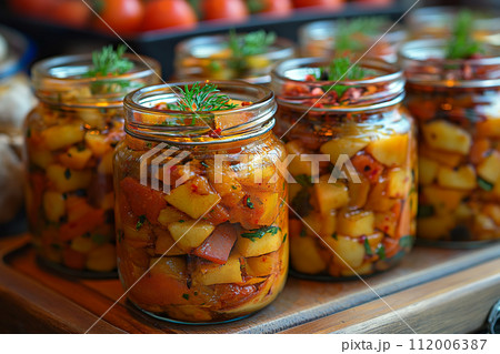 Pickled stewed paprika in a glass jar. 112006387